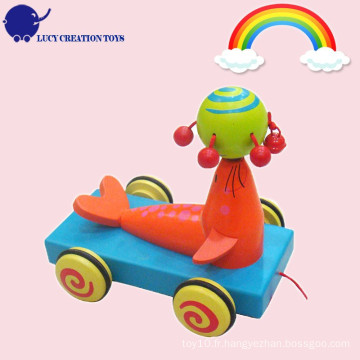 Kids Funny Play Wooden Sea Lion Pull Along Cart Toy pour enfant en bas âge